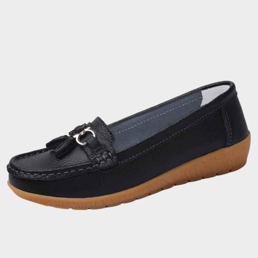 Women's Leather Loafers - Slip-On Tassel Moccasins - Soft Wedge Sole Casual Shoes - Multiple Colours