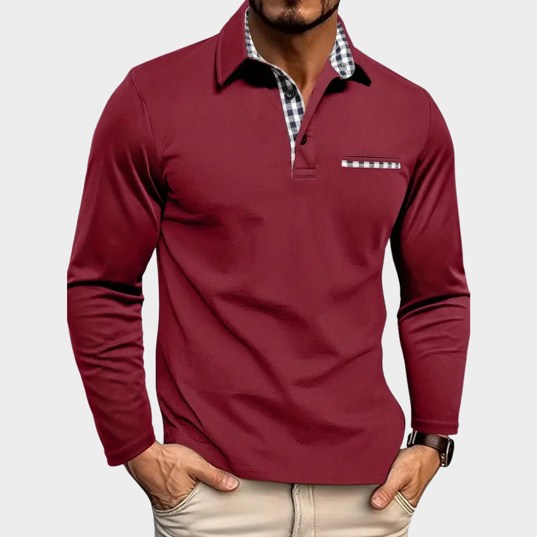 Men Premium Long Sleeve Polo Shirt – Tailored Regular Fit with Check Collar Detail – Cotton Polyester Blend – Multiple Colours