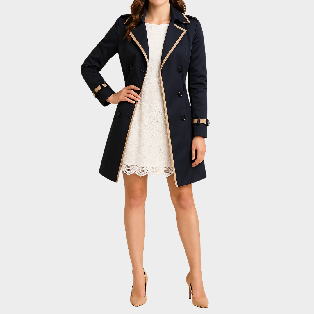 Women Double Breasted Trench Coat – Contrast Trim Classic Knee Length Polyester Blend Overcoat with Belt – Multiple Colours