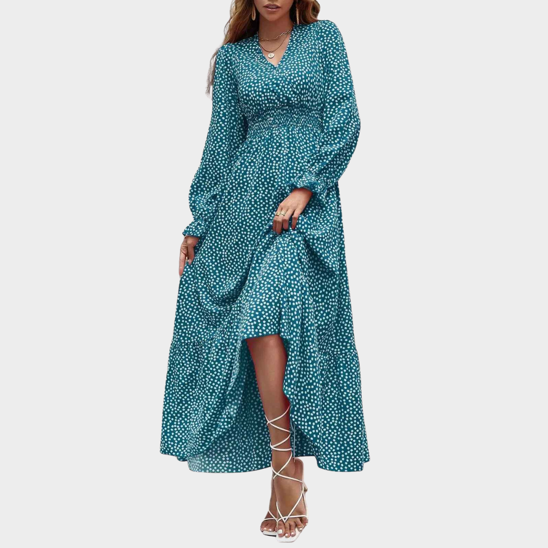 Women’s V-Neck Polka Dot Maxi Dress – Elegant Beach Vacation Style – Long Sleeve Lightweight Fabric – Multiple Colours