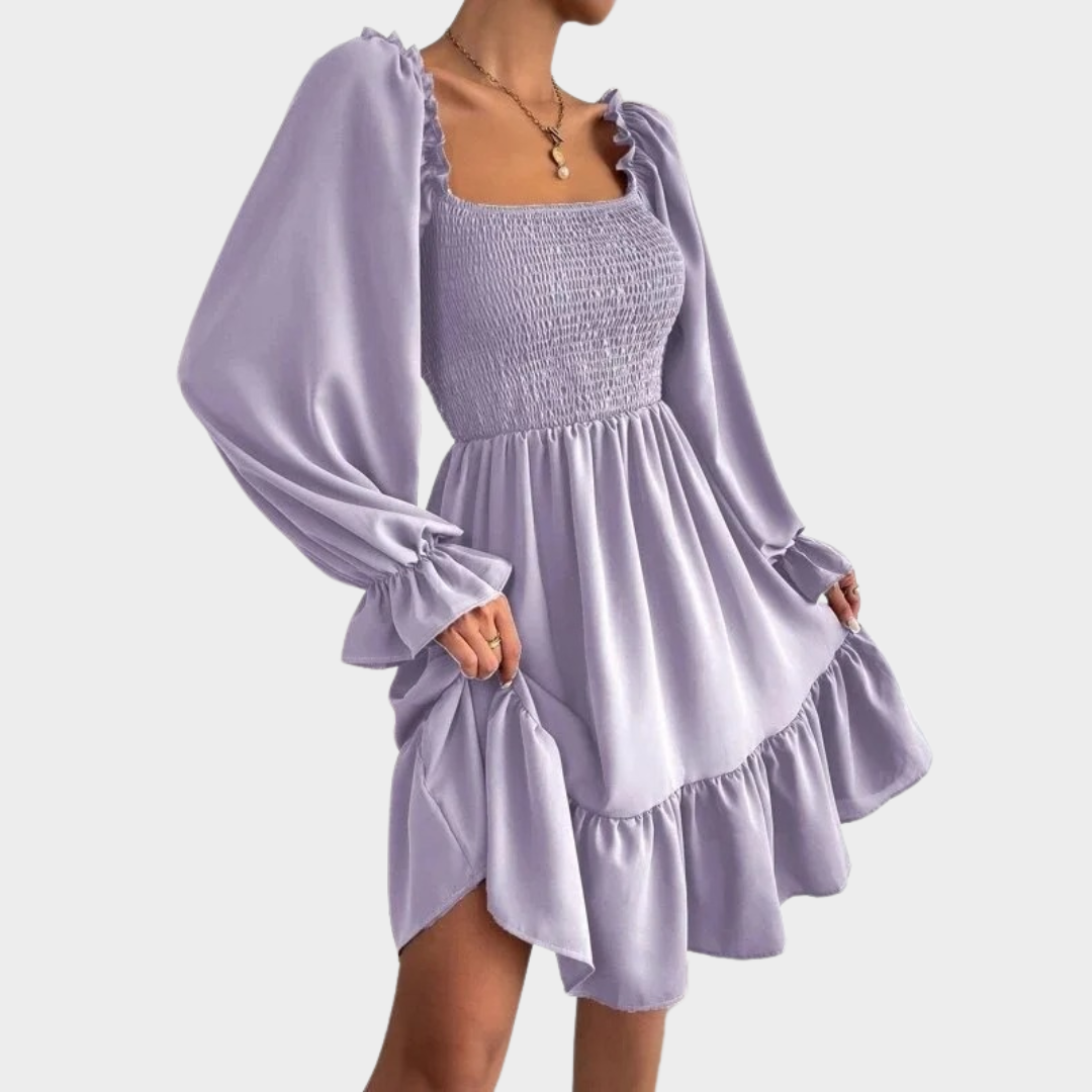 Women’s Long Sleeve Ruffle Hem Dress – Square Neck Solid Colour Fit – Bell Sleeves with Seam Detail – Soft Fabric Casual Style – Multiple Colours
