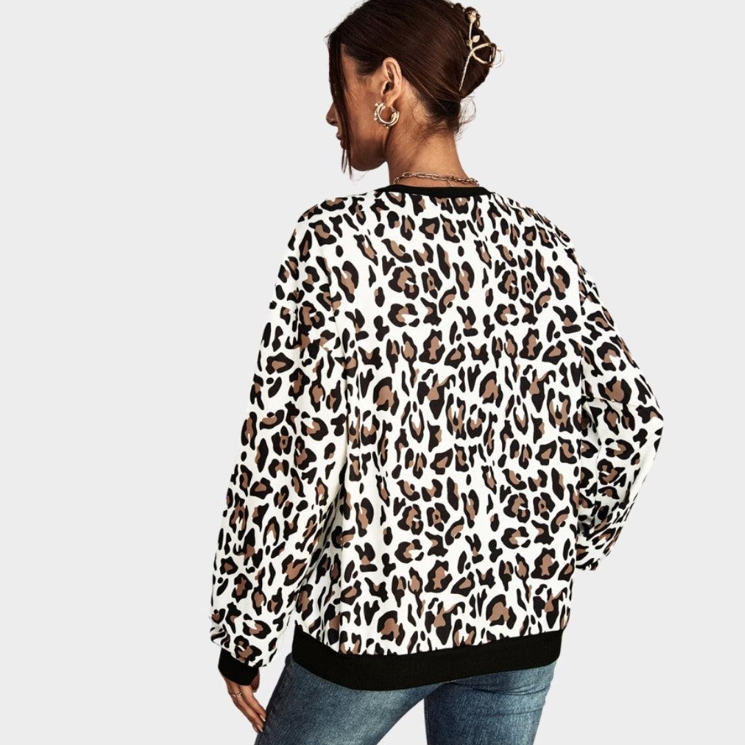 Women’s Leopard Print Casual Sweater - Long Sleeve, Cozy Autumn Winter Sweatshirt, Apricot, Off White