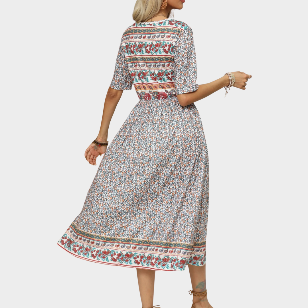 Women’s Bohemian Print Long Dress – Round Neck Short Sleeve Fit – Casual Flowy Maxi Silhouette – Lightweight Fabric – Multiple Colours
