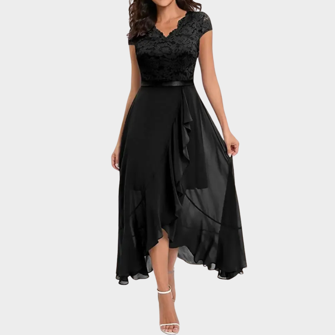 Women Elegant Maxi Dress – High Waist Round Neck Lace Chiffon Formal Fit – Multiple Colours
