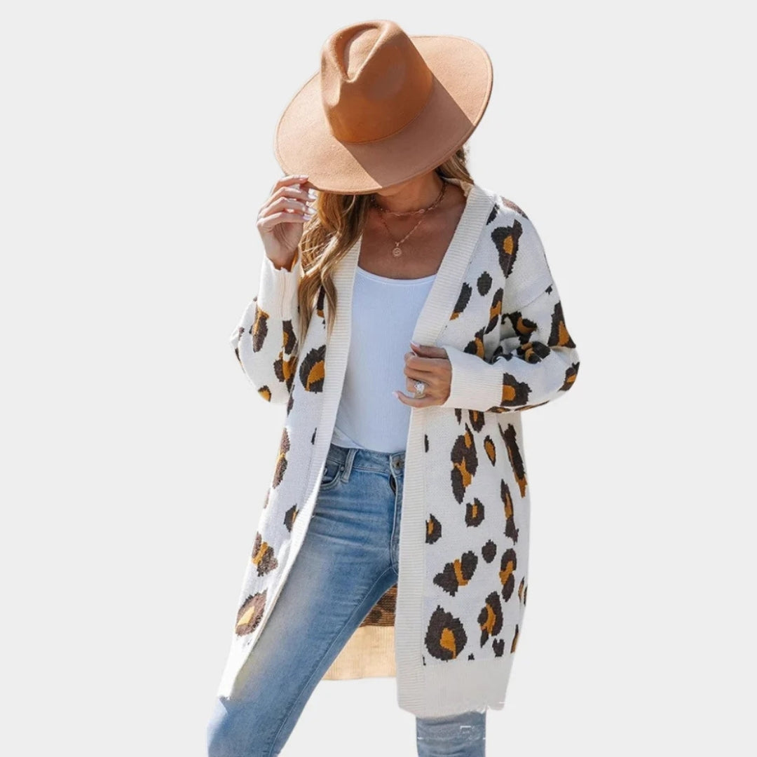 Women’s Leopard Pattern Cardigan - Long Knitted Open Front Sweater, Loose Fit, Apricot, Grey, Khaki