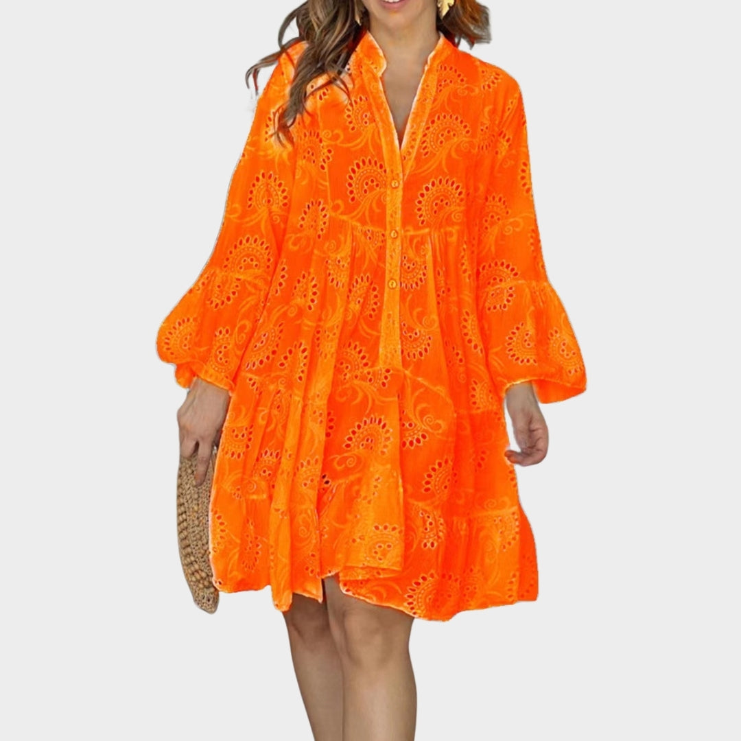 Spring Summer Women’s V-Neck Dress – Solid Color, Embroidered Hollow Lace, Loose Fit in Yellow, Red, Sky Blue, and More
