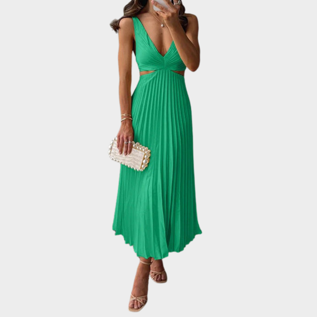 Women’s V-Neck Maxi Dress – Sleeveless Pleated Fit – Hollow Out Backless Design – Elegant Party Style – Multiple Colours