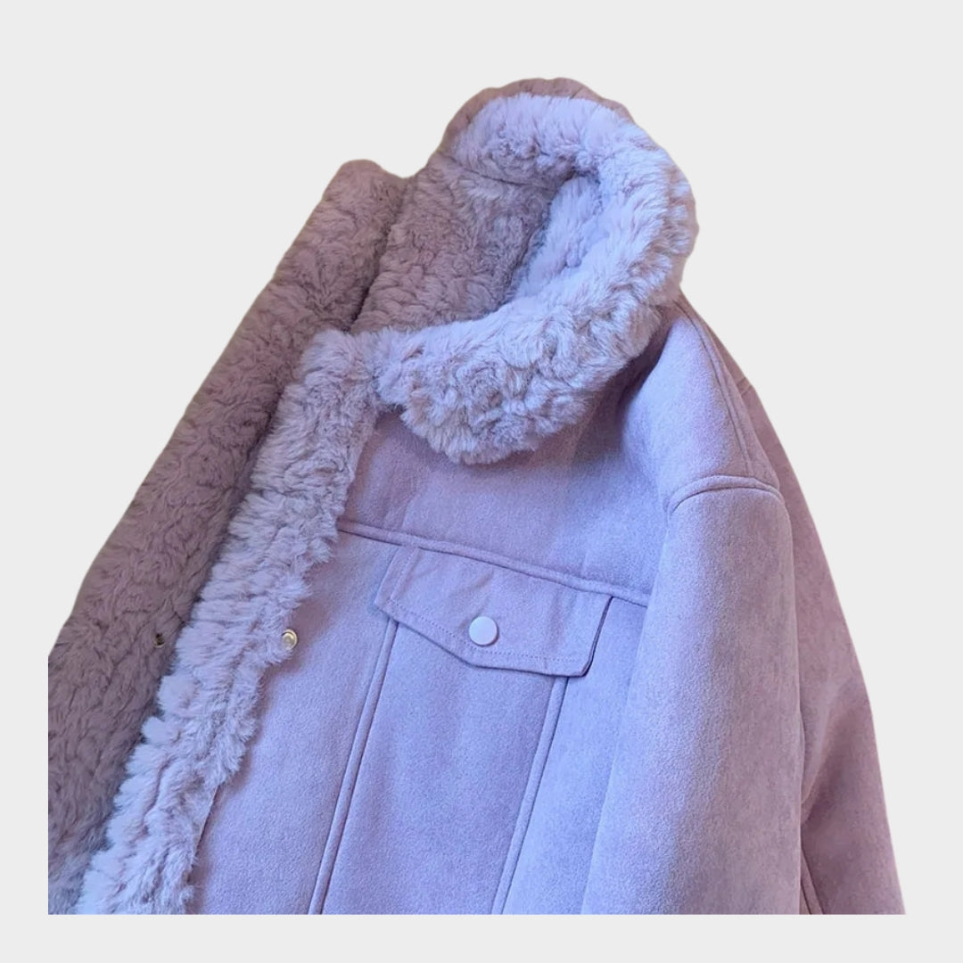 Oversized Women’s Purple Lambswool Coat - Autumn & Winter Plush Thick Wool Fur Coat