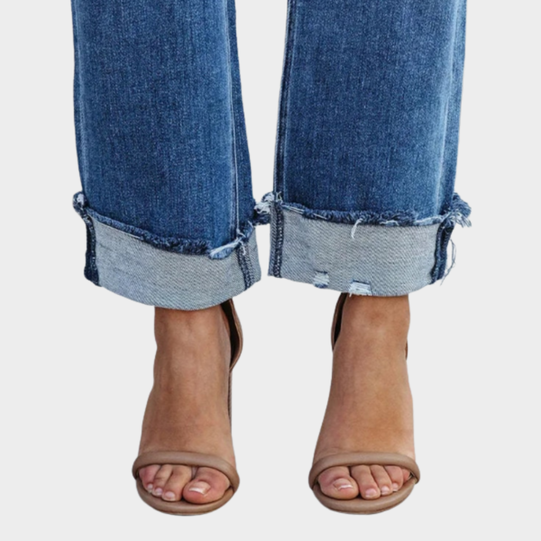 Women's High Waist Straight Leg Jeans – Loose Fit – Distressed Denim – Blue