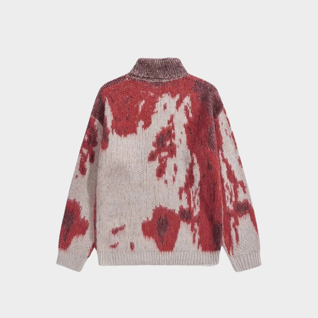 Women’s Oversized Tie-Dye Knitted Sweater - High Collar, Loose Fit, Streetwear, Red