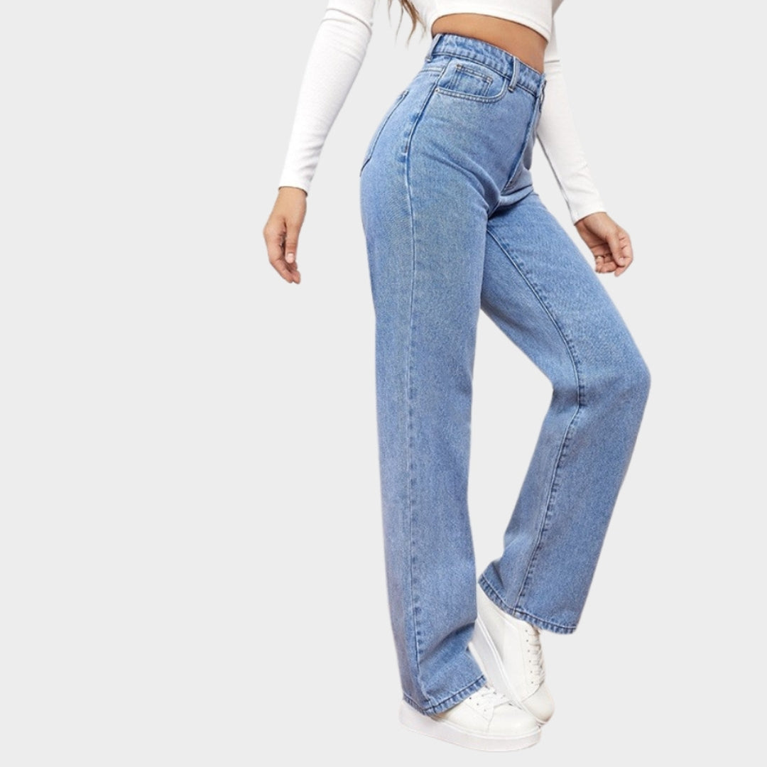 Women's High-Waist Straight Jeans - Vintage Washed Denim Pants with Pockets (Black, Blue, Light Blue)