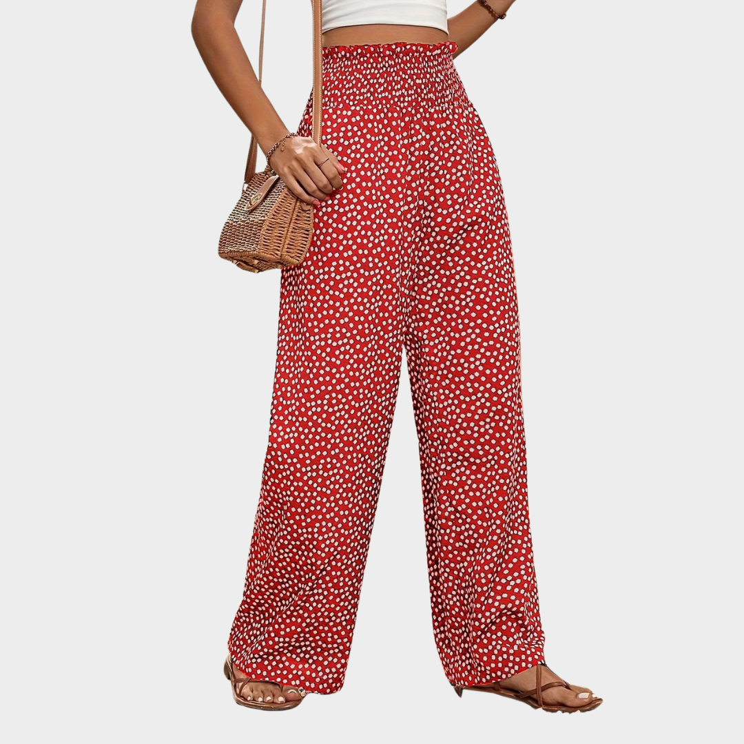 Women’s Wide-Leg Trousers – High Waist Fit – Slightly Flared – Elastic Waist – Floral Pattern – Lightweight Drape – Multiple Colours