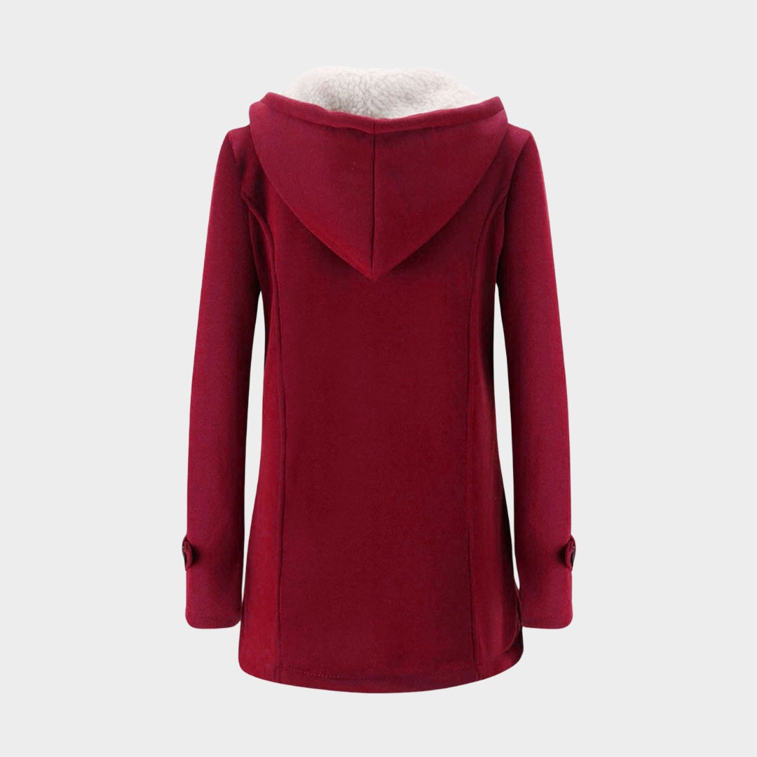 Women Warm Mid Length Hooded Coat – Horn Buckle Long Sleeve Outerwear – Multiple Colours