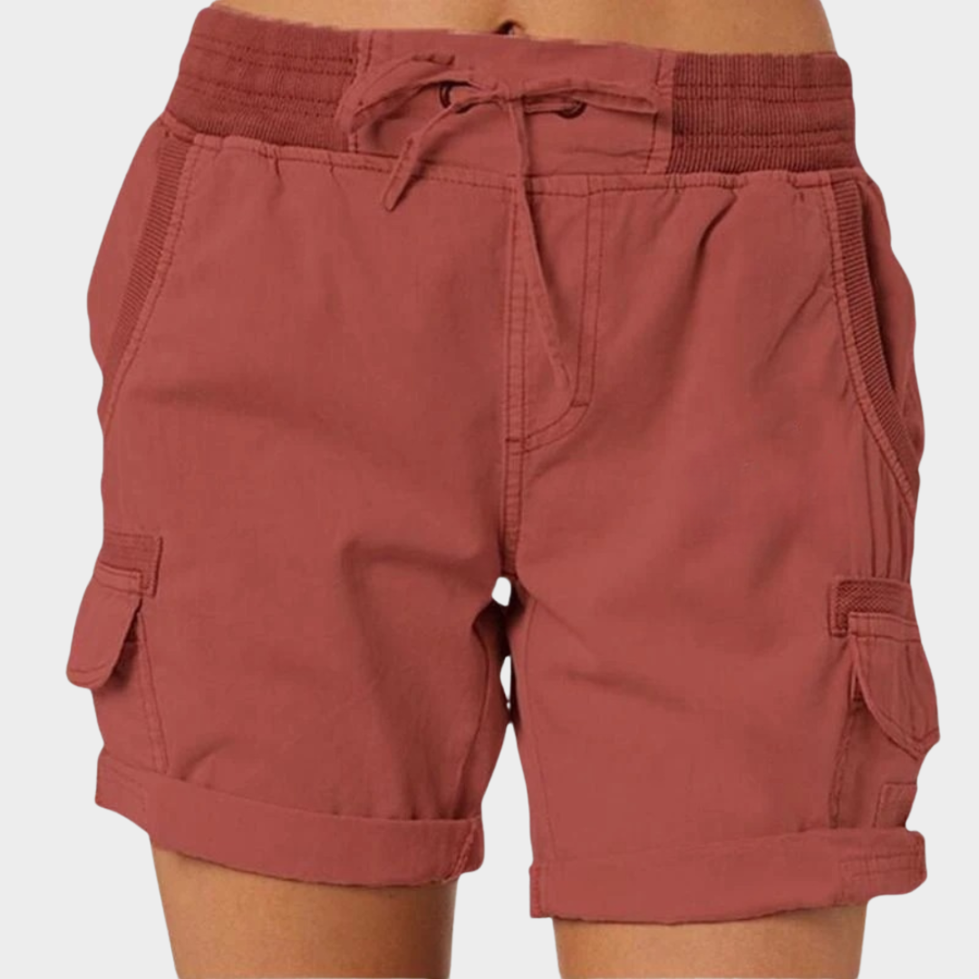 Women's Cargo Shorts - Elastic Waist - Cotton Linen - Lightweight & Breathable - Multiple Colours