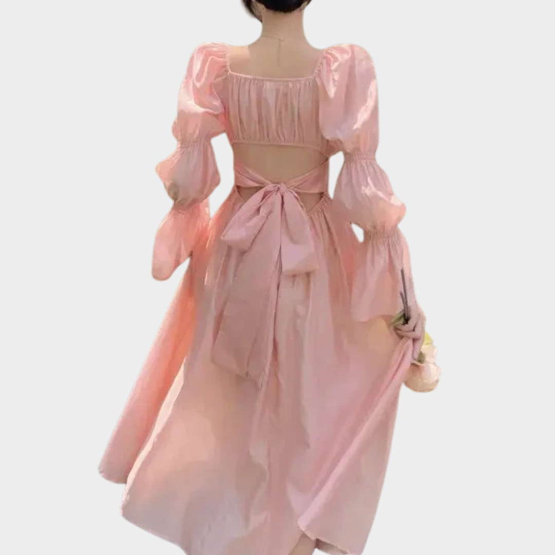 Women's Elegant Chiffon Bandage Dress – Puff Sleeve – Long Flowing Fit – Pink