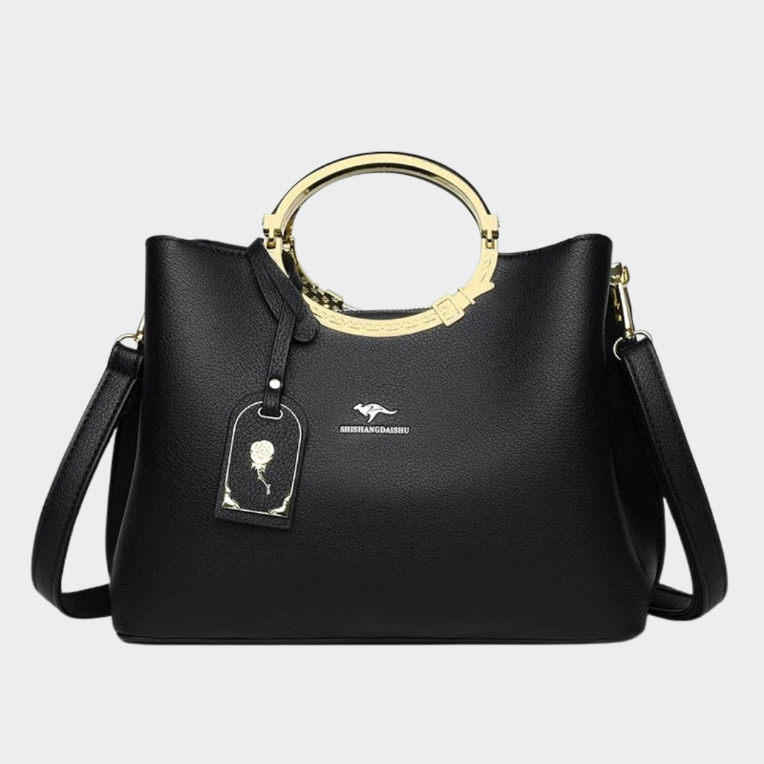 Women Handbag – PU Leather Tote with Round Metal Handle and 3-Layer Design – Multiple Colours