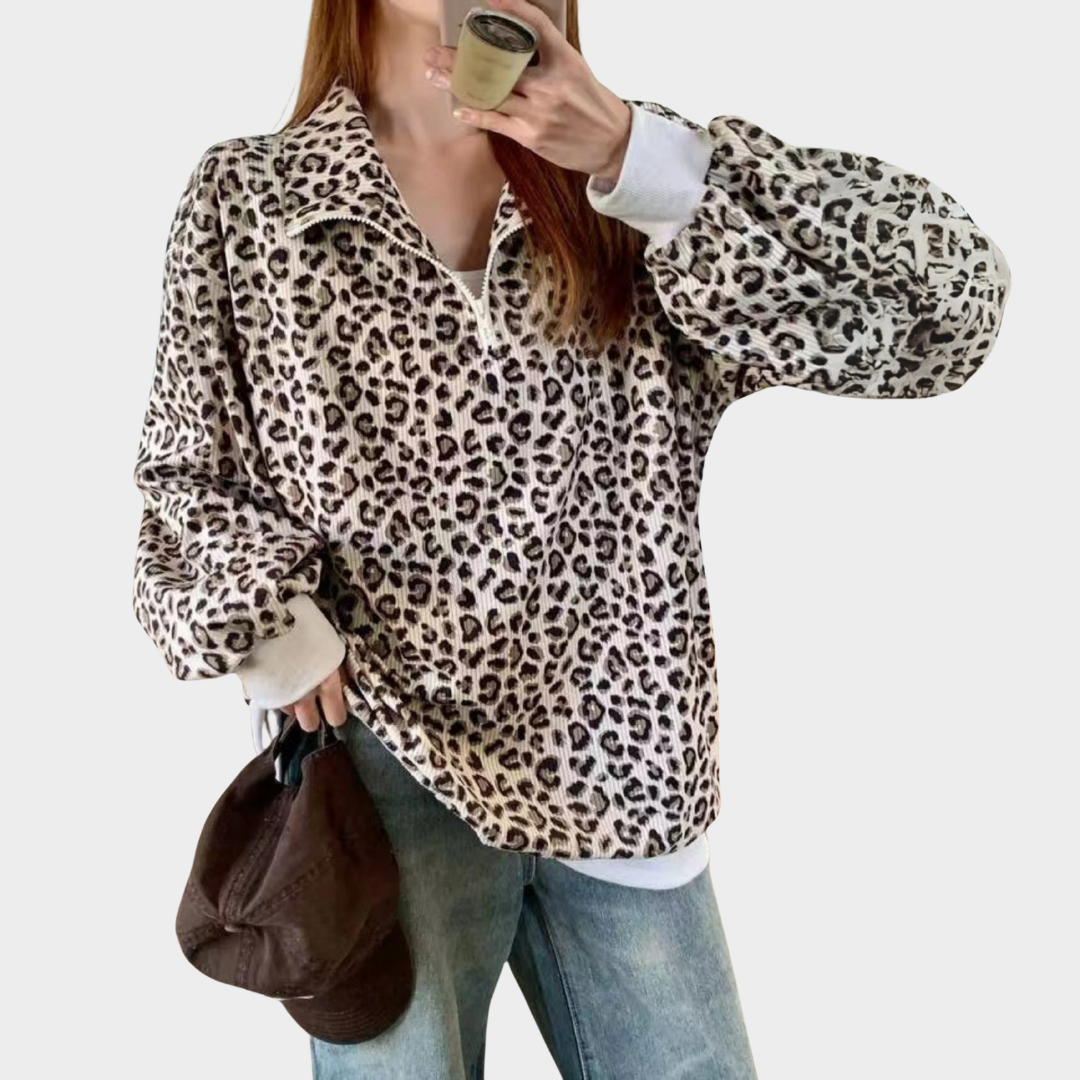 Women Leopard Print Jacket – Retro Stand Collar Loose Fit Medium Length Hoodie Style Top – Casual Comfortable Outerwear – Multiple Colours