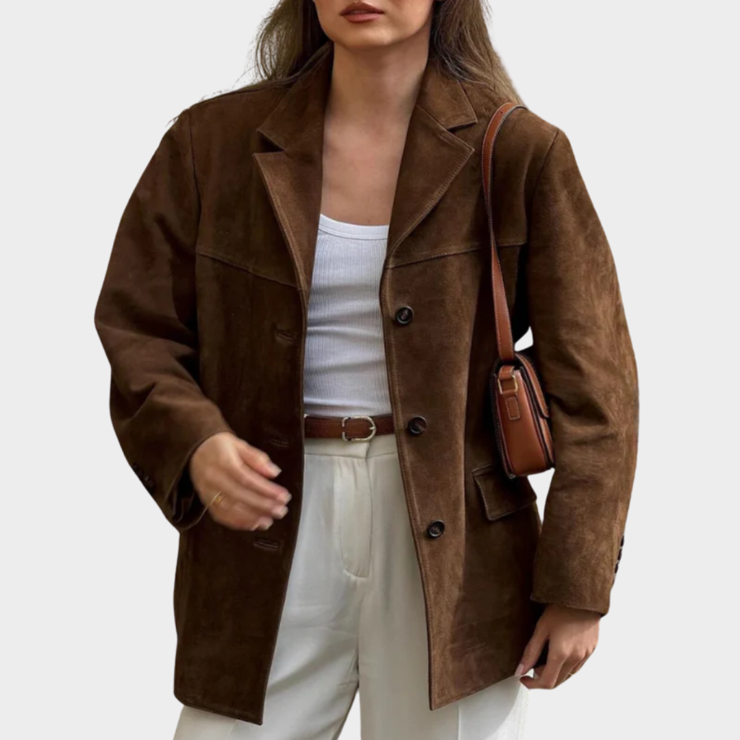 Women's Suede Blazer – Loose Fit – Single Breasted – Lapel Collar – Khaki