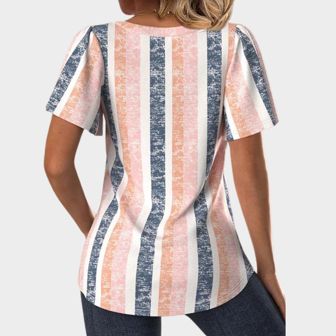 Women’s Casual Short Sleeve Blouse – Square Neck Stripe Top – Lightweight Cotton-Polyester Blend – Pink