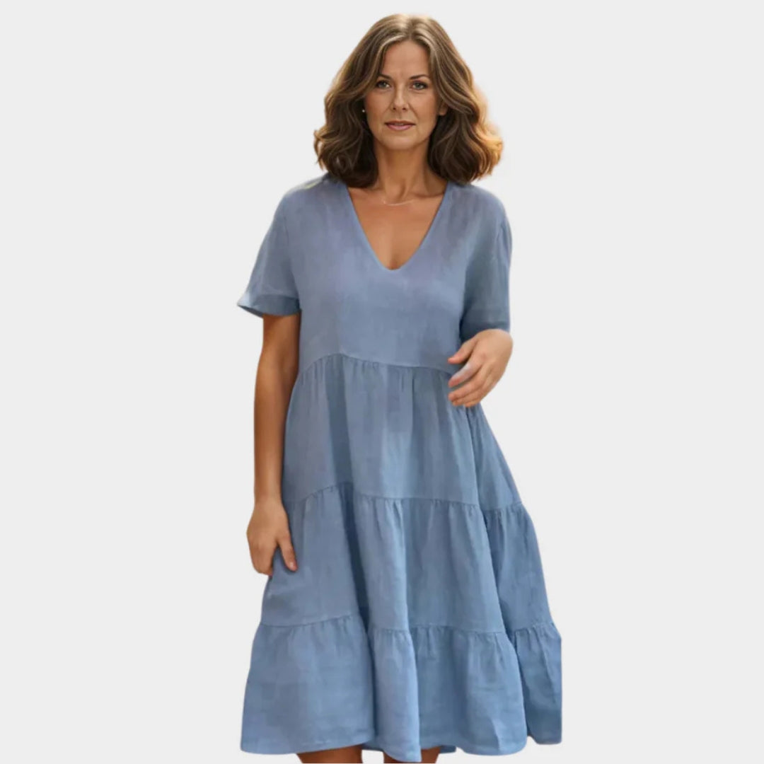 Women's Loose Mid-Length V-Neck Swing Dress – Casual Summer Style, Pink-Red, Brown, Blue