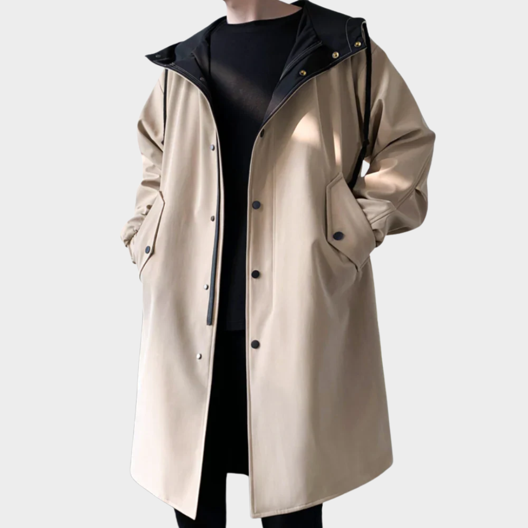 Men’s Long-Line Coat – Relaxed Fit Hooded Design – Snap Closure – Two-Tone Interior – Multiple Colours
