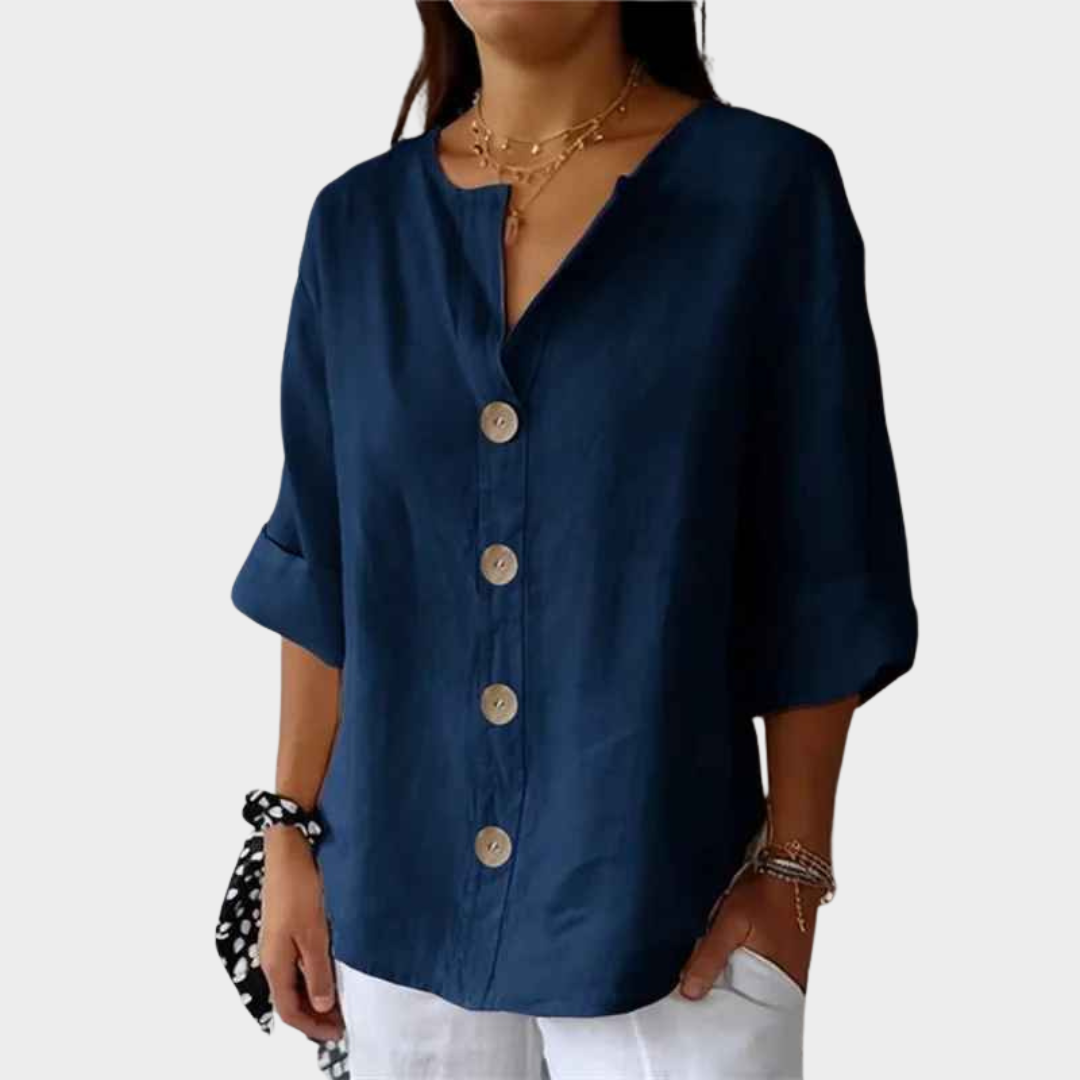 Women V-Neck Blouse – Loose Fit Button Front Cotton Linen Shirt – Multiple Colours