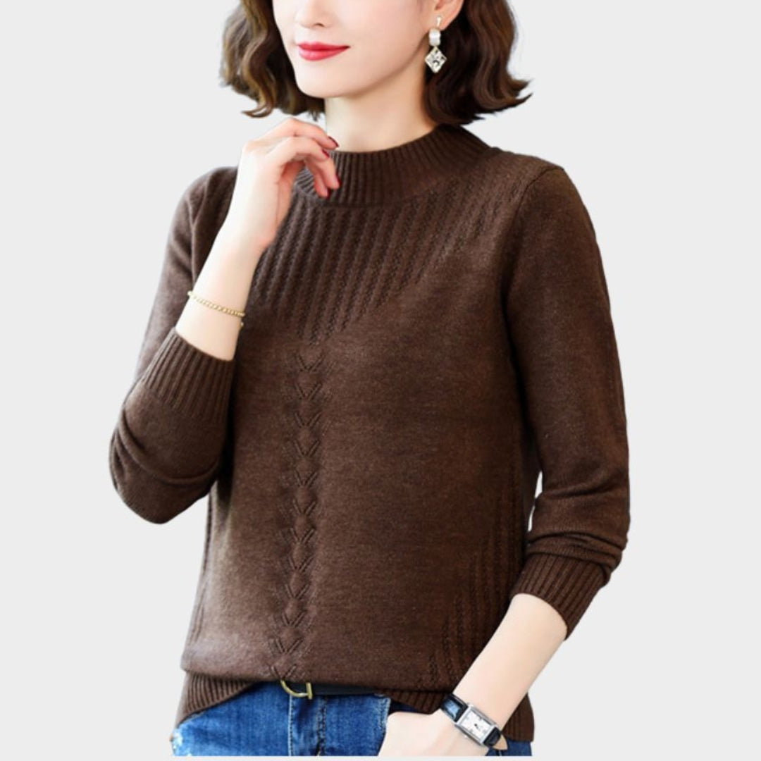 Women’s Half Turtleneck Sweater – Knitted Pullover, Twisted Flower Design, Warm Autumn/Winter Top