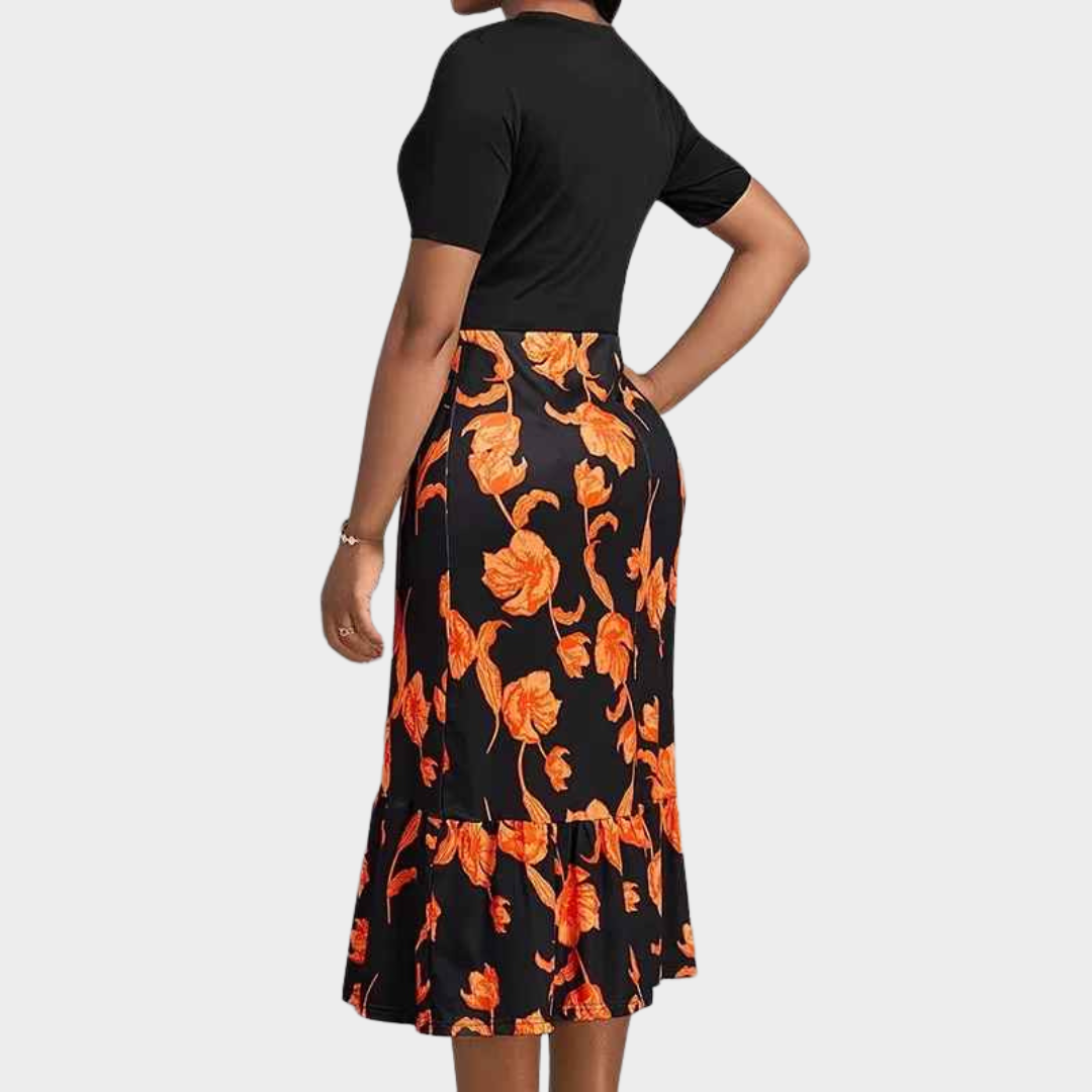 Women's Long Dress – High Waist Printed Long Sleeve Style with Elegant Fit – Orange