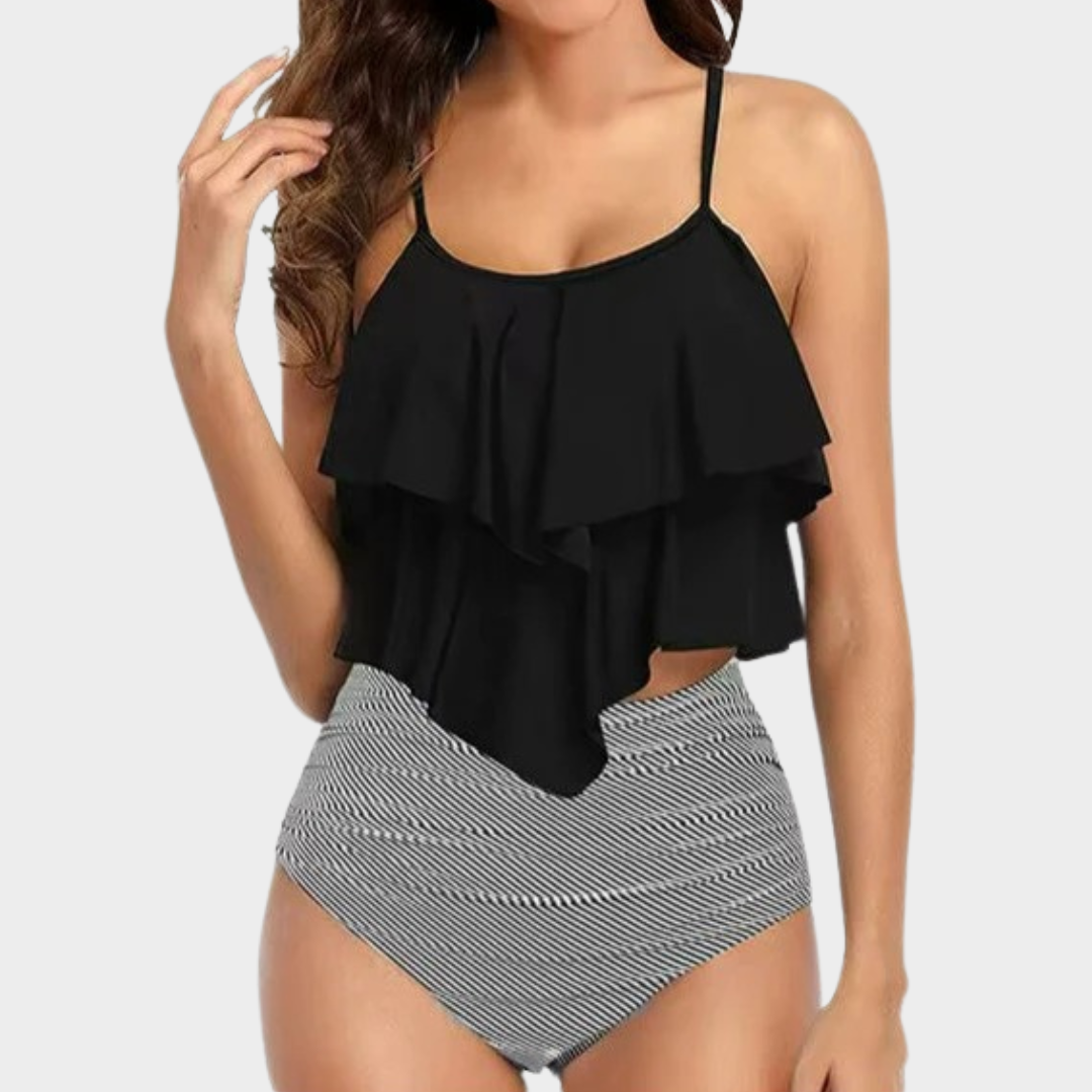 Women Two Piece Bikini – Split High Waist Ruffle Set with Printed Suspender Top – Lightweight Comfortable Fit – Black
