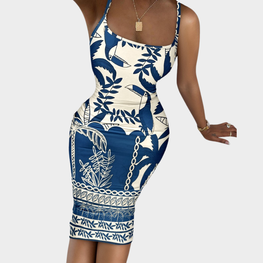 Women's Bodycon Dress – Slim Fit – Backless Midi – Spaghetti Straps – Tropical Animal Print – Elegant & Stylish – Blue
