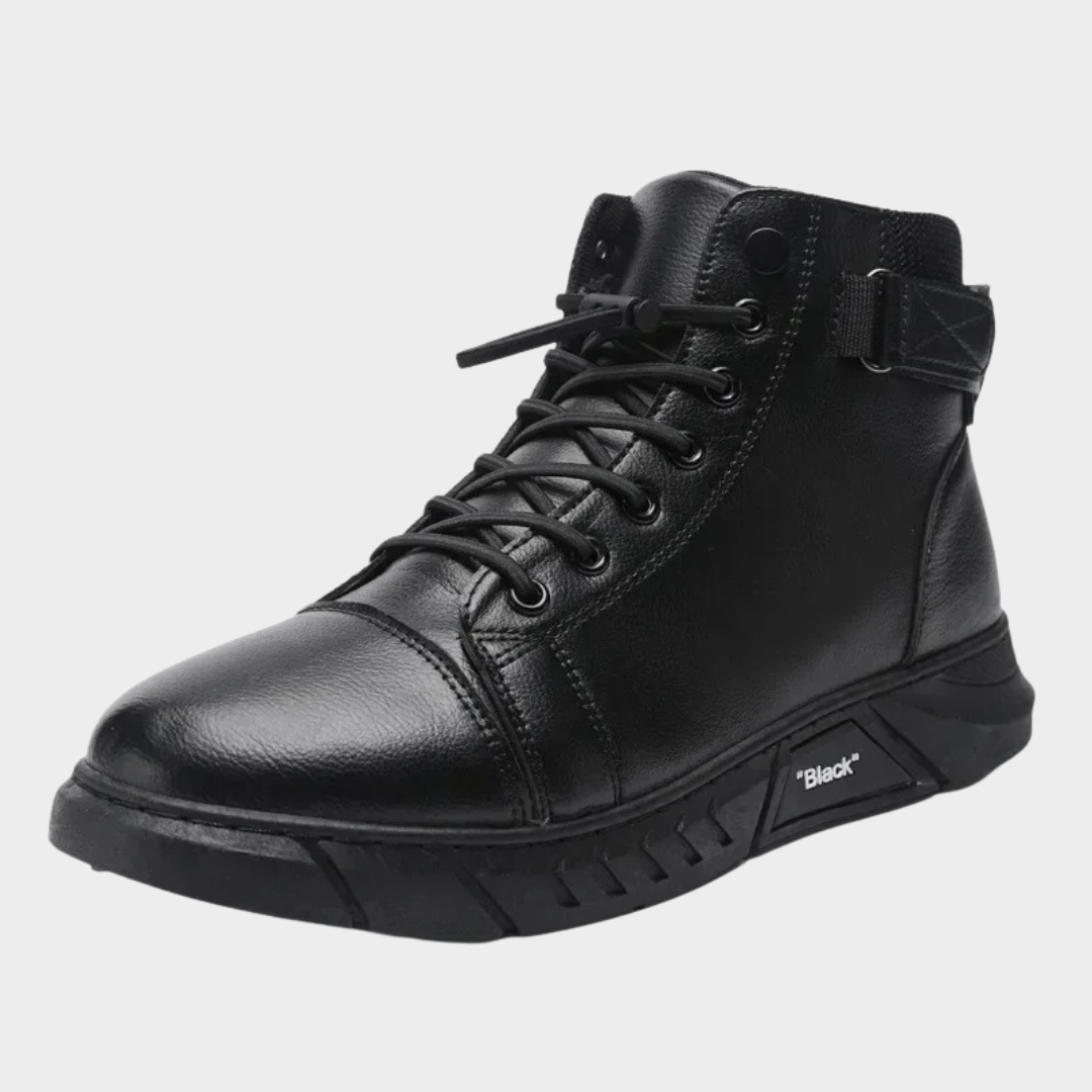 Men's Casual Leather Boots – British Style High Top Work Safety Boots with Thick Soft Sole – Black