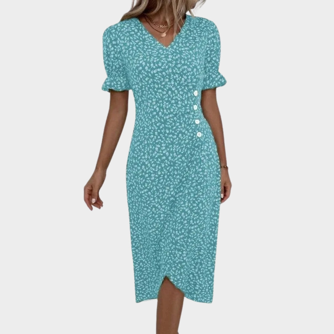 Spring Floral Bodycon Midi Dress – Women’s V-Neck, Long Sleeve, Close Fit, Vestido in Green, Black, Red, Blue