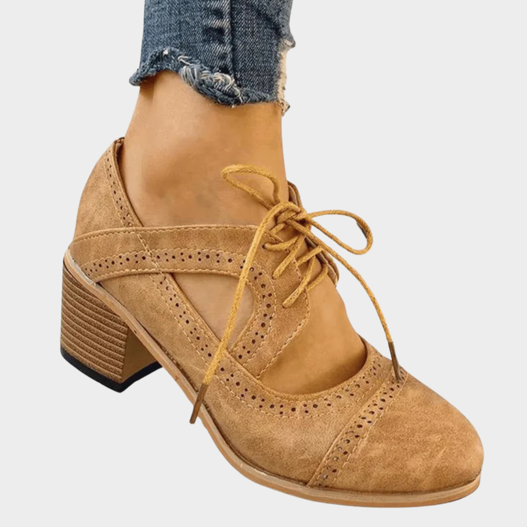 Women's Lace-Up Brogue Shoes – Vintage Cut-Out Design – Chunky High Heels – Classic Casual Footwear – Multiple Colours