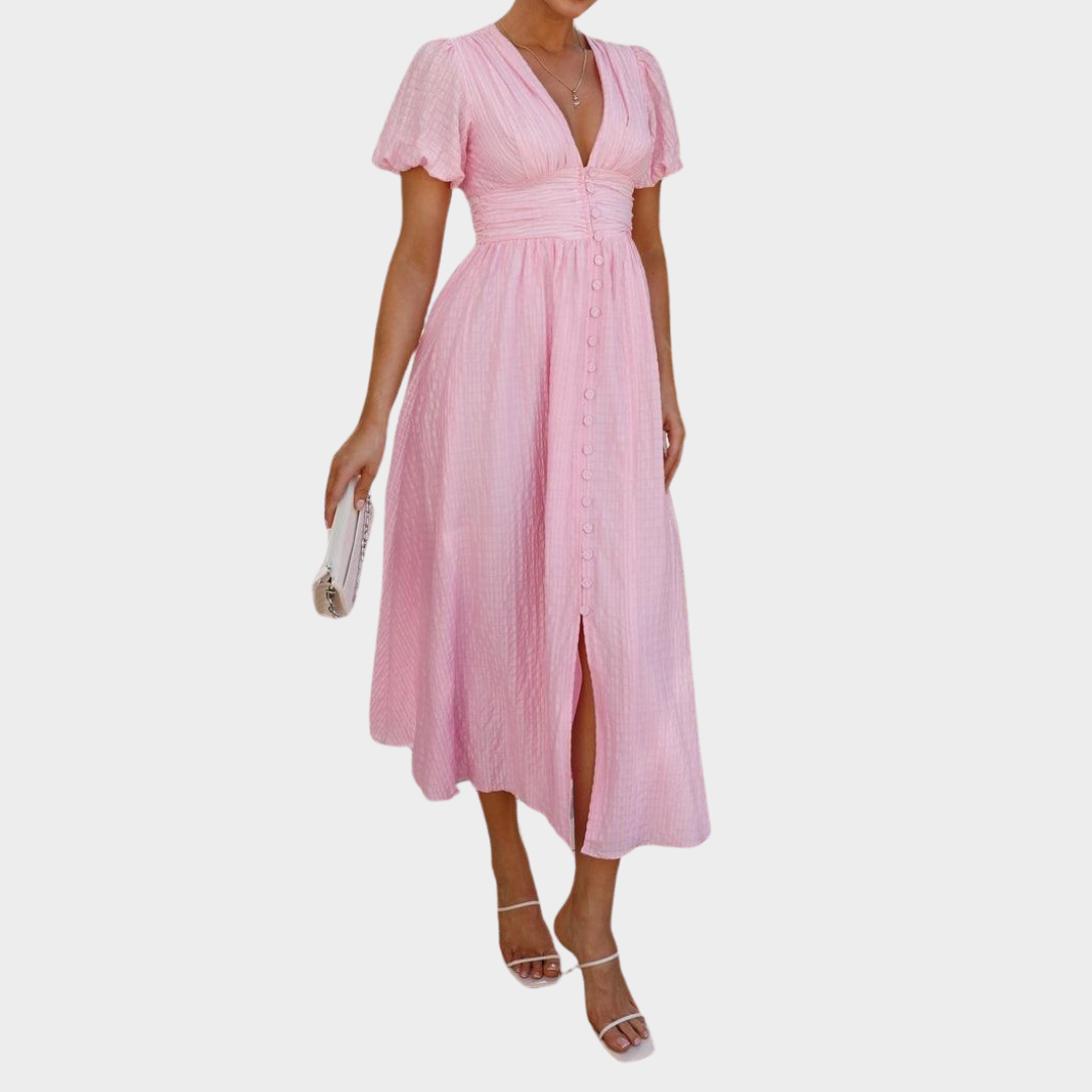 Women’s V Neck Puff Sleeve Button Dress – Elegant Fit with Solid Colour Style – Lightweight Party Wear – Multiple Colours