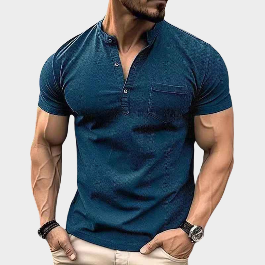 Men's Casual Short Sleeve Polo Shirt – Stand Neck with Pocket – Soft Breathable Cotton Blend – Multiple Colours