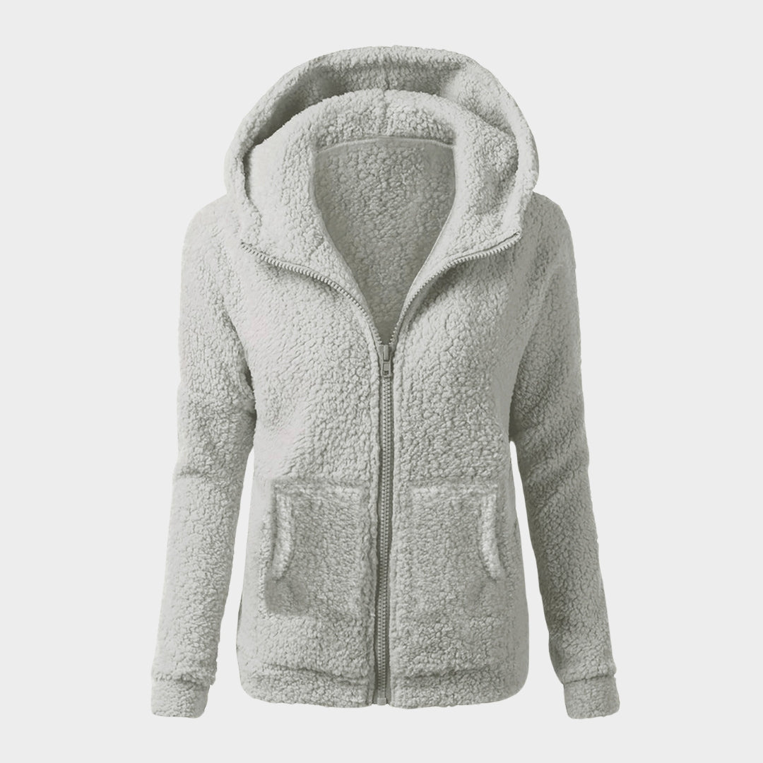 Women’s Hooded Plush Zip-Up Coat – Soft Loose Sweatshirt, Solid Color, Warm Top for Autumn & Winter, Pink, Beige, Black