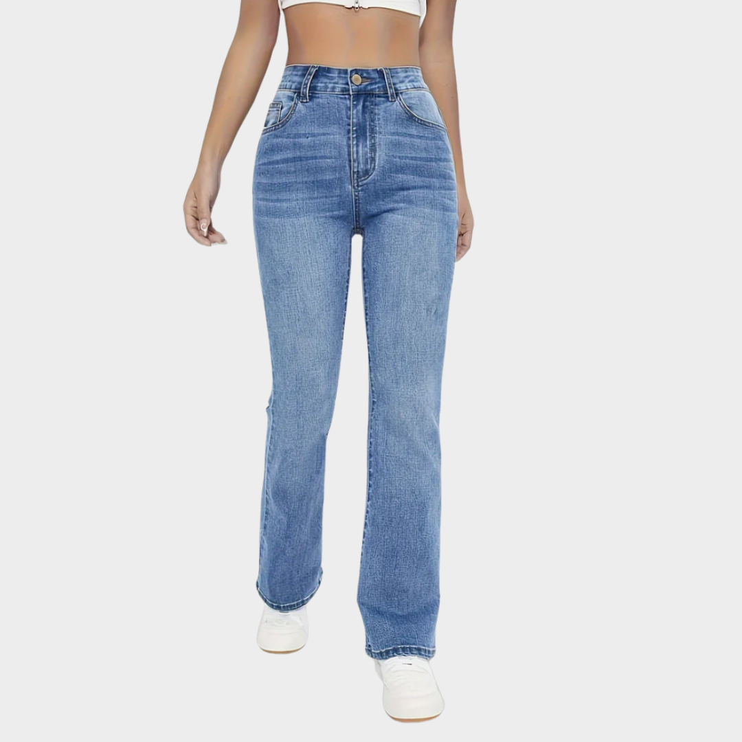 Women's High-Waist Denim Trousers – Slim Fit – Washed Jeans – Light Blue
