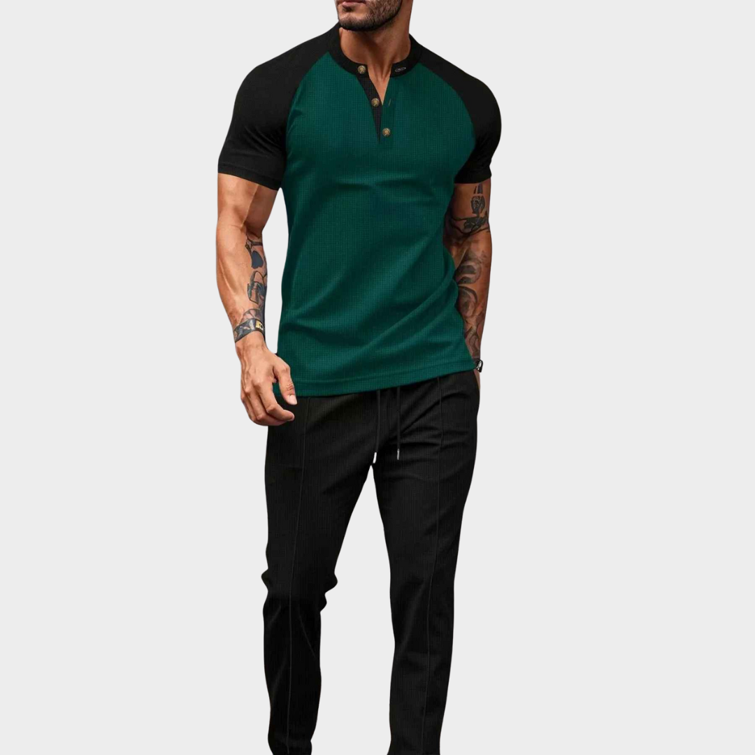 Men's Two-Piece Set – Colour Block Gingham Round Neck Short Sleeve Top with Long Pants – Multiple Colours
