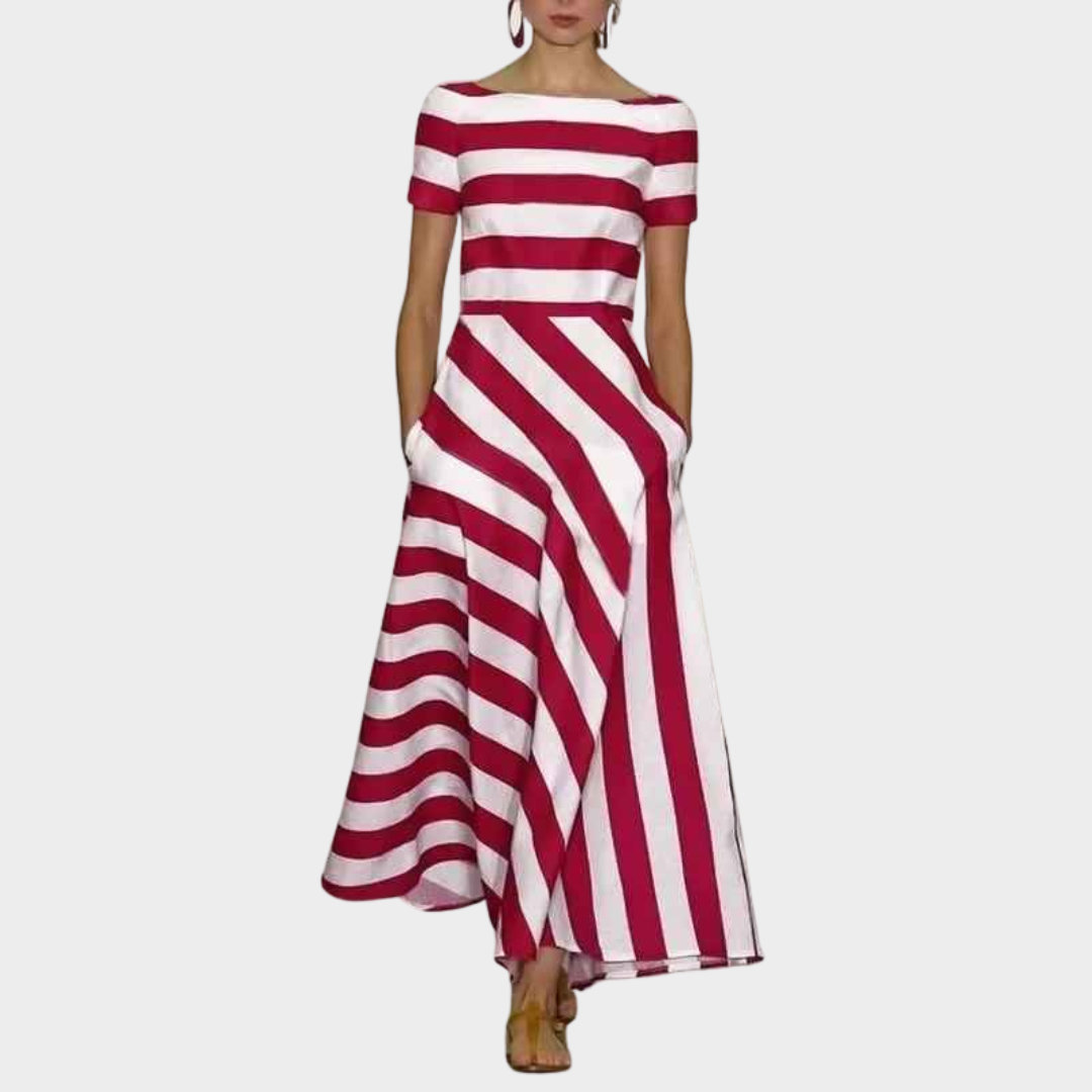 Women's Ankle-Length Dress – One Shoulder Short Sleeve Striped Design with Relaxed Fit – Multiple Colours