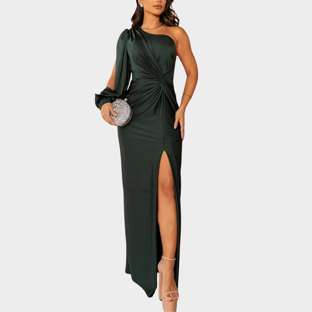 Women Evening Maxi Dress – Elegant Party Long Dress with Backless Split Design and Diagonal Collar Tight Waist Silhouette – Multiple Colours
