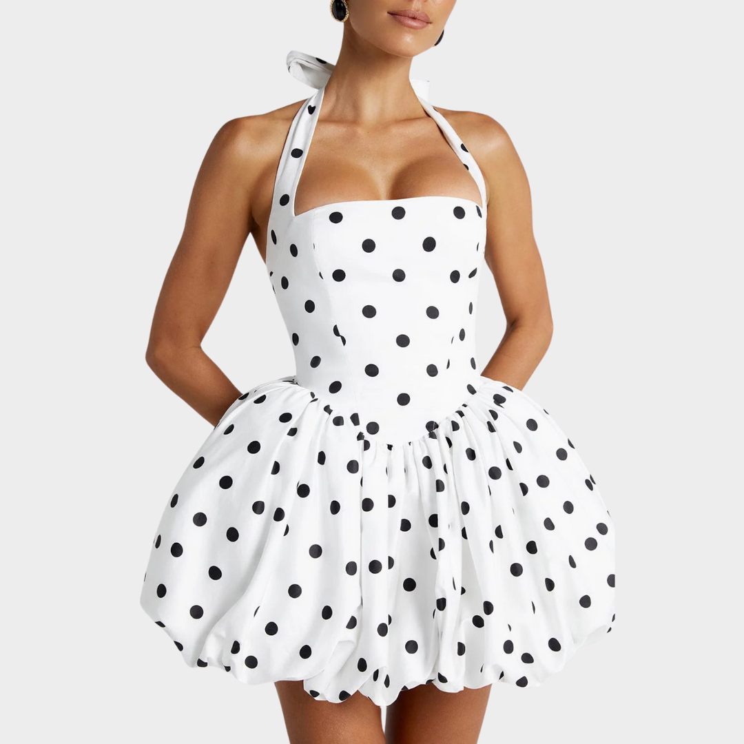 Women’s Mini Dress – Square Halter Neckline – Puffball Skirt – Lace Up Back – Princess Seam Detailing – Premium Cotton Blend – Multiple Colours
