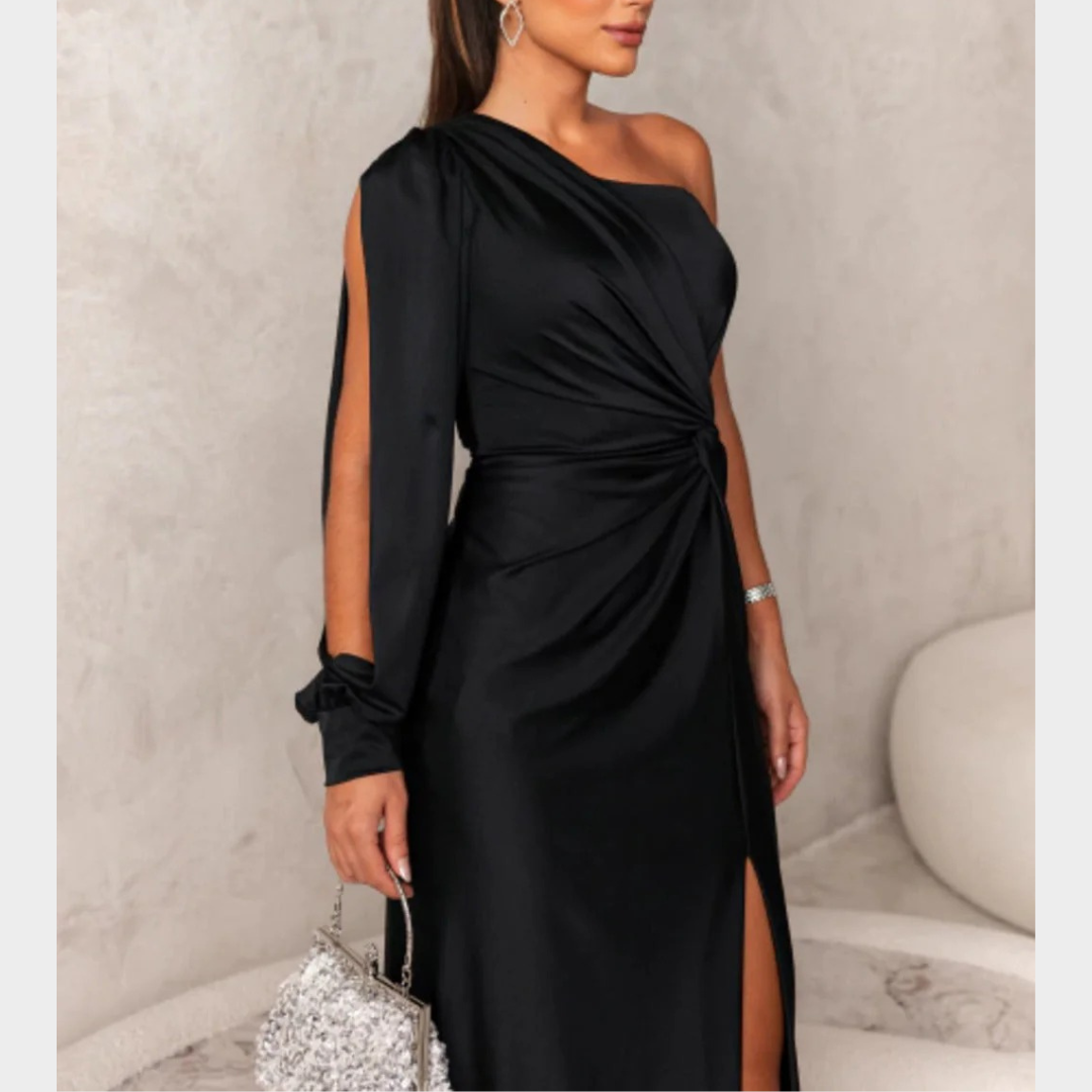 Women Evening Maxi Dress – Elegant Party Long Dress with Backless Split Design and Diagonal Collar Tight Waist Silhouette – Multiple Colours
