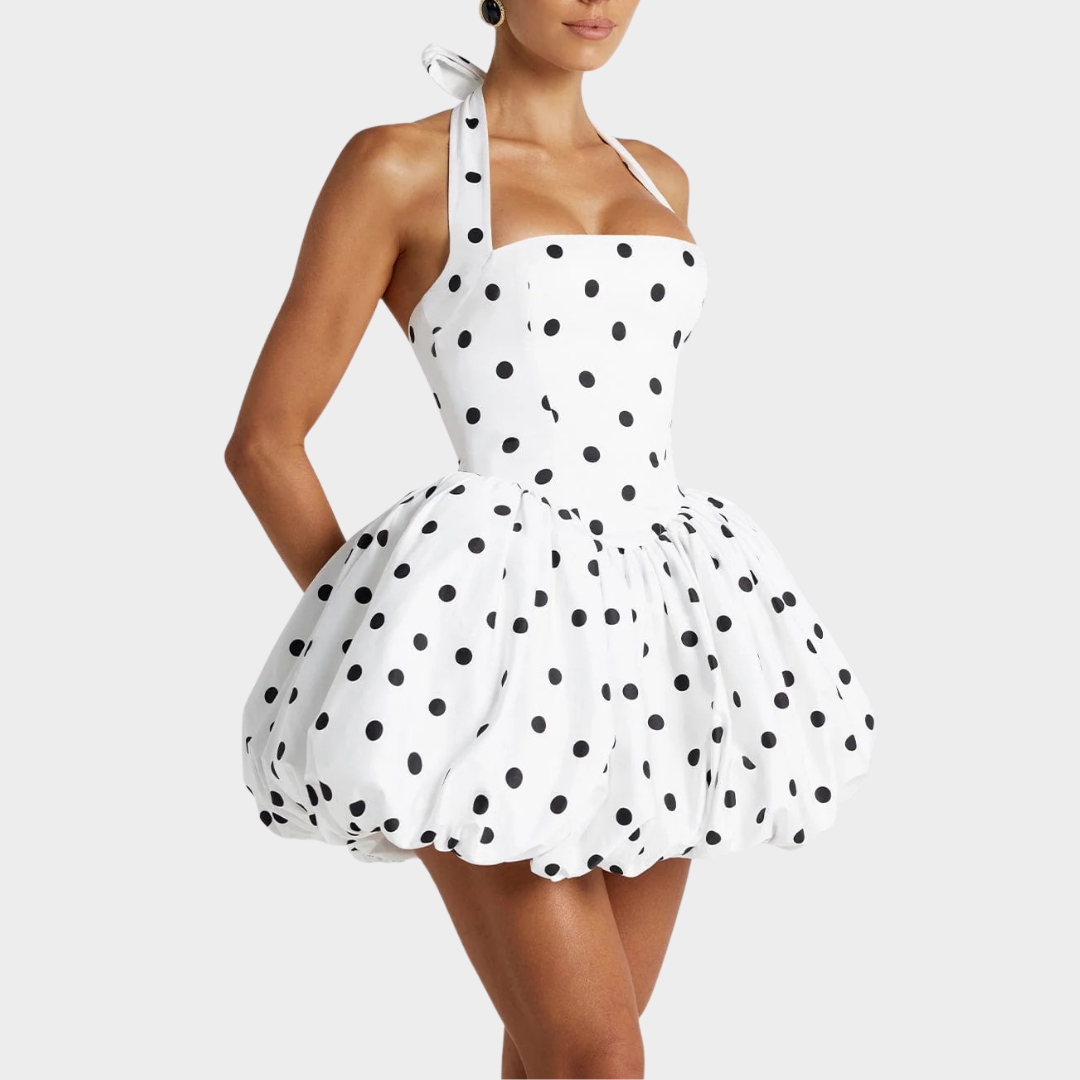 Women’s Mini Dress – Square Halter Neckline – Puffball Skirt – Lace Up Back – Princess Seam Detailing – Premium Cotton Blend – Multiple Colours