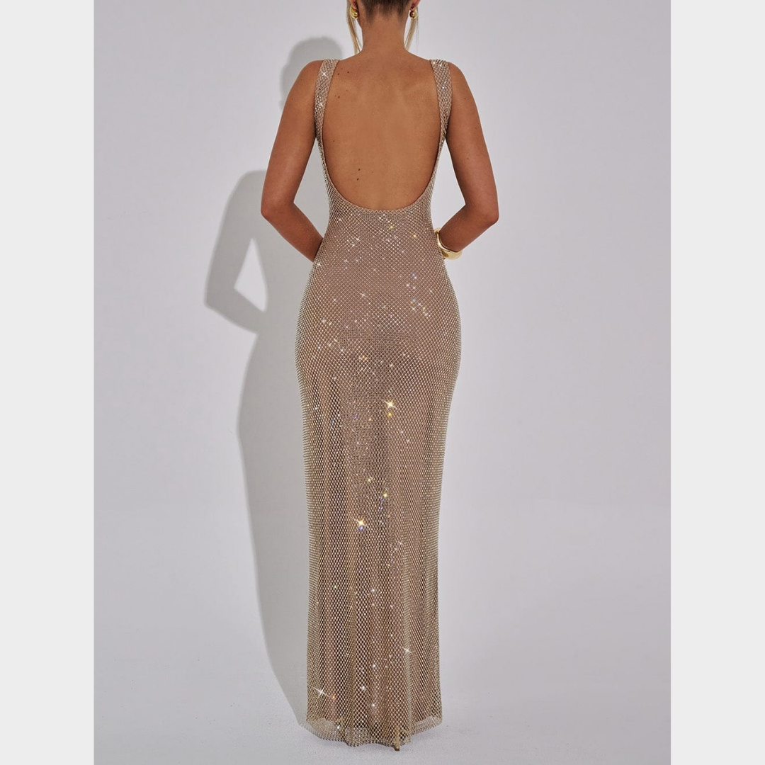 Women Petra Maxi Dress – Elegant Evening Long Dress with Rhinestone Embellished Stretch Net and Square Neckline – Multiple Colours