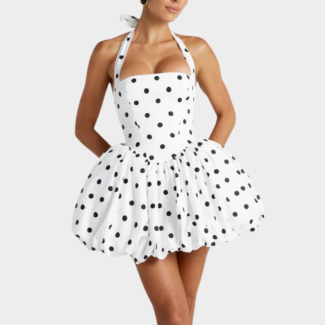Women’s Mini Dress – Square Halter Neckline – Puffball Skirt – Lace Up Back – Princess Seam Detailing – Premium Cotton Blend – Multiple Colours