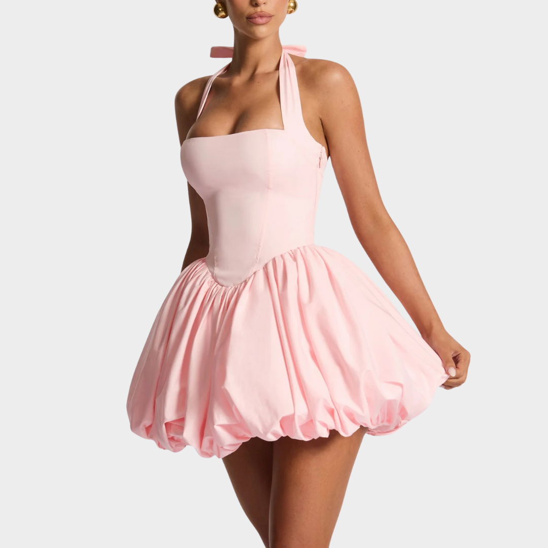Women’s Mini Dress – Square Halter Neckline – Puffball Skirt – Lace Up Back – Princess Seam Detailing – Premium Cotton Blend – Multiple Colours