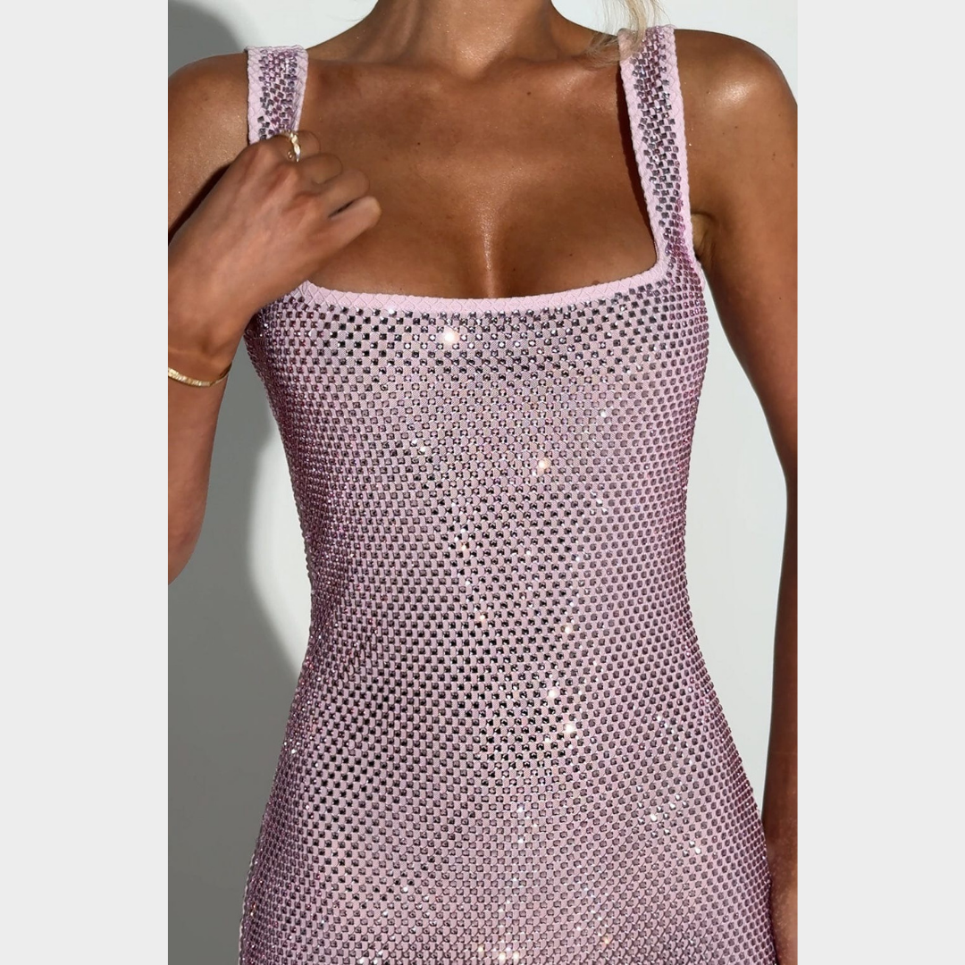 Women Petra Maxi Dress – Elegant Evening Long Dress with Rhinestone Embellished Stretch Net and Square Neckline – Multiple Colours