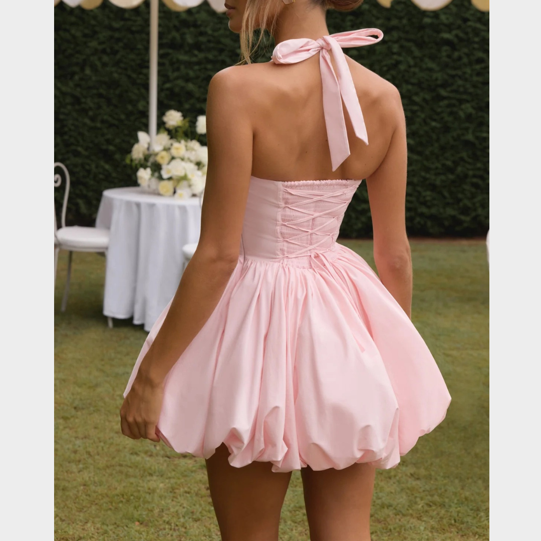 Women’s Mini Dress – Square Halter Neckline – Puffball Skirt – Lace Up Back – Princess Seam Detailing – Premium Cotton Blend – Multiple Colours