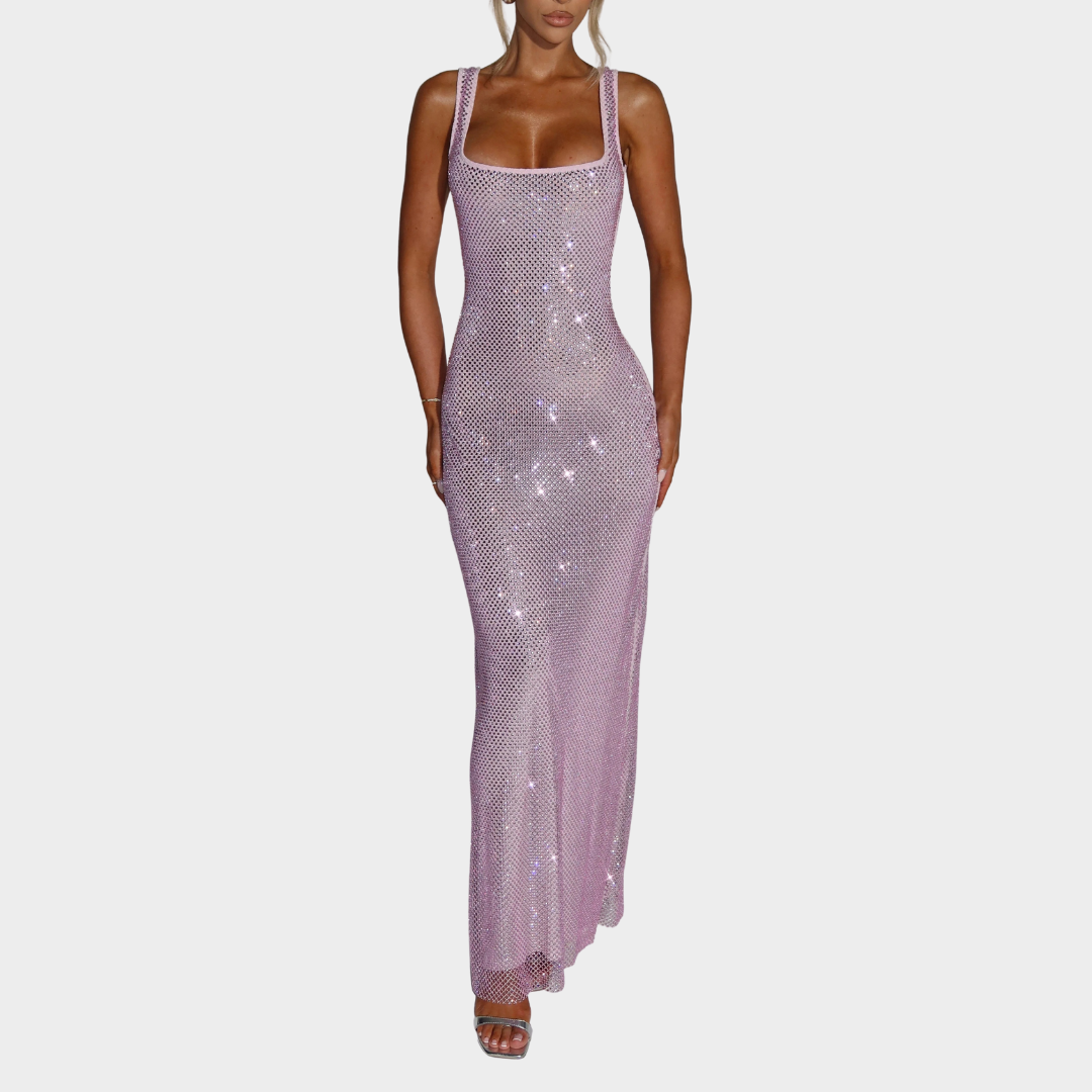 Women Petra Maxi Dress – Elegant Evening Long Dress with Rhinestone Embellished Stretch Net and Square Neckline – Multiple Colours