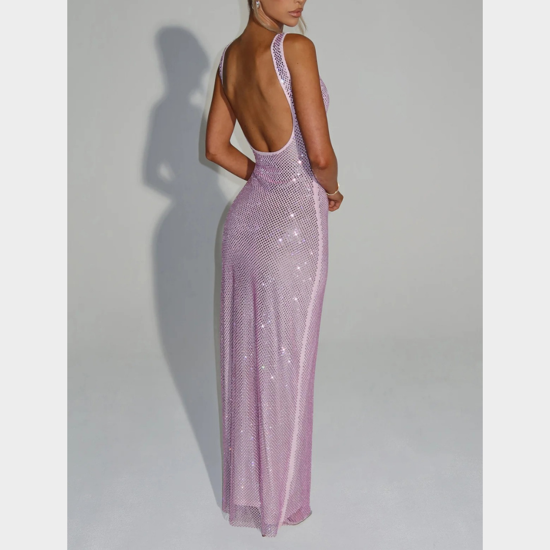 Women Petra Maxi Dress – Elegant Evening Long Dress with Rhinestone Embellished Stretch Net and Square Neckline – Multiple Colours